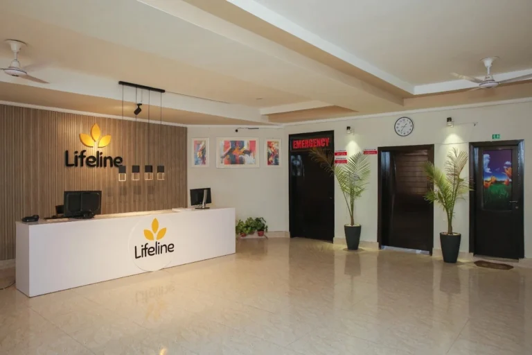 Main reception counter and emergency desk of Lifeline Rehab Center in Islamabad.
