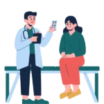 Illustration of a therapist and patient sitting together discussing treatment plan.