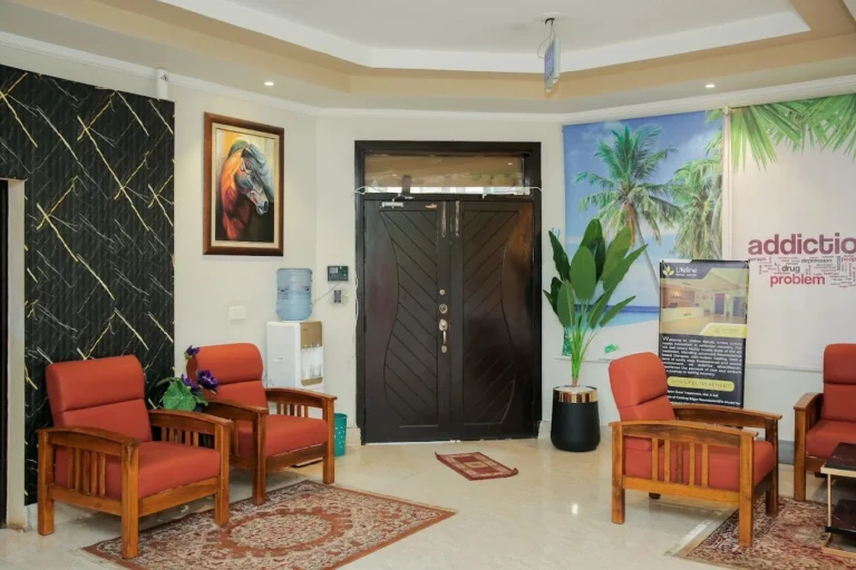 Main entrance lobby and patient seating area at Lifeline Rehab Islamabad.