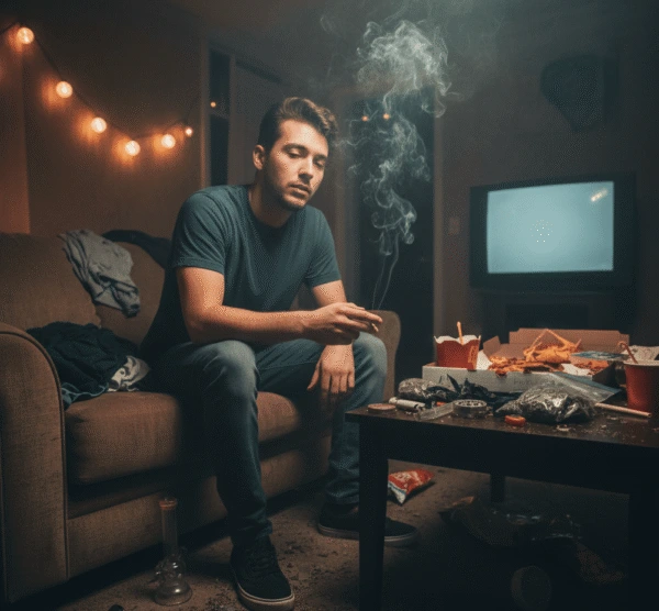 Young man struggling with cannabis addiction before addiction treatment and recovery support