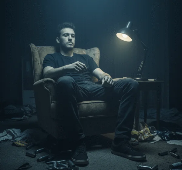 Nitrous oxide addiction affecting a person in a dark room showing substance abuse behavior